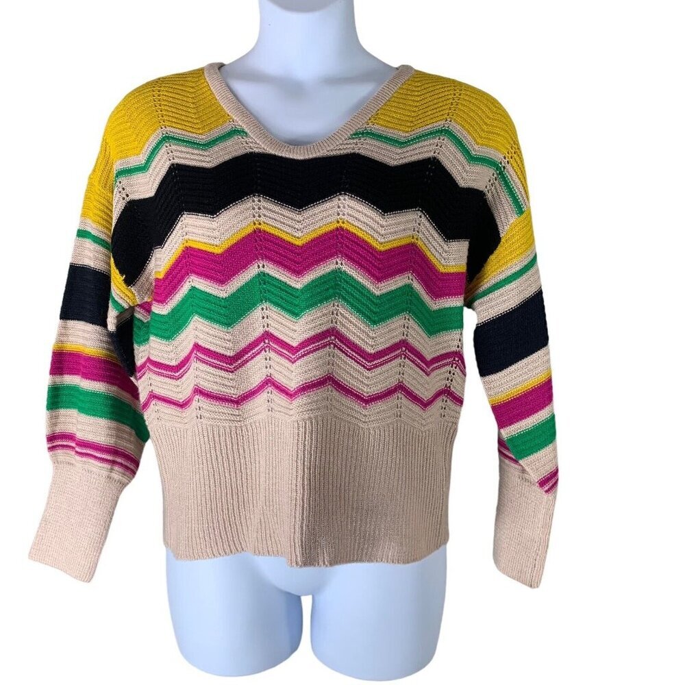 FCT With Love Sweater Size 1X V Neck Open Back Colorful Stripes